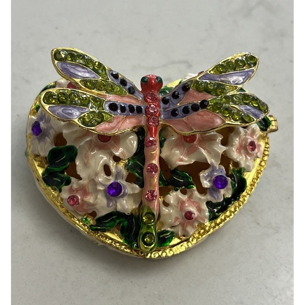 Whimsical Enamel Bejeweled Dragonfly Heart Shaped Trinket Box Jewelry Garden